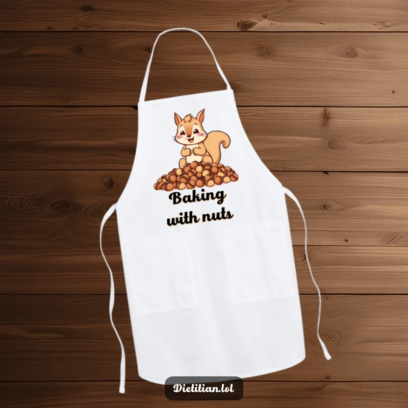 Funny apron with a cheerful squirrel zealously measuring out a pile of acorns, kitchen humor gift.