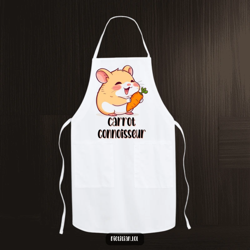 Funny hamster apron showing a happy hamster enjoying a tiny carrot, ideal for kitchen fun and protection with charm.