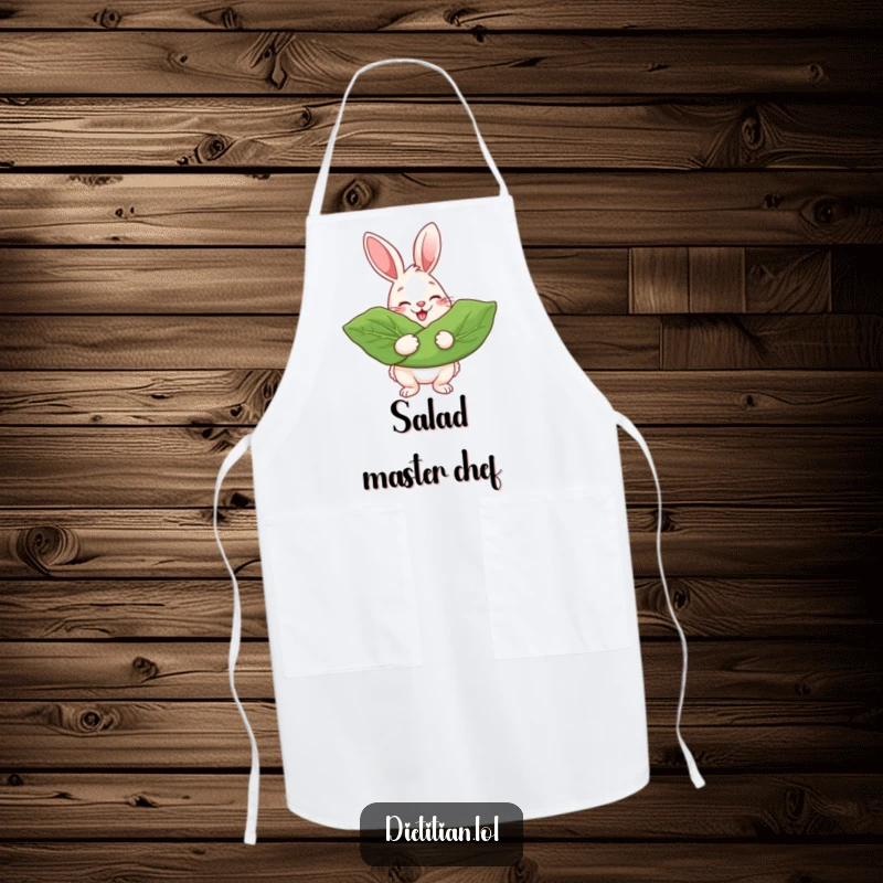 Funny Apron with a cheerful rabbit beaming while holding a giant leafy green, ideal for a healthy kitchen.