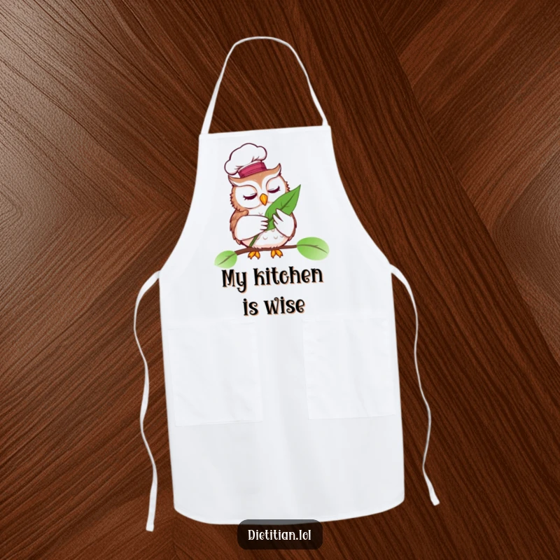 Funny apron with a wise owl wearing a chef hat, examining a vibrant leaf, kitchen gourmet gift.