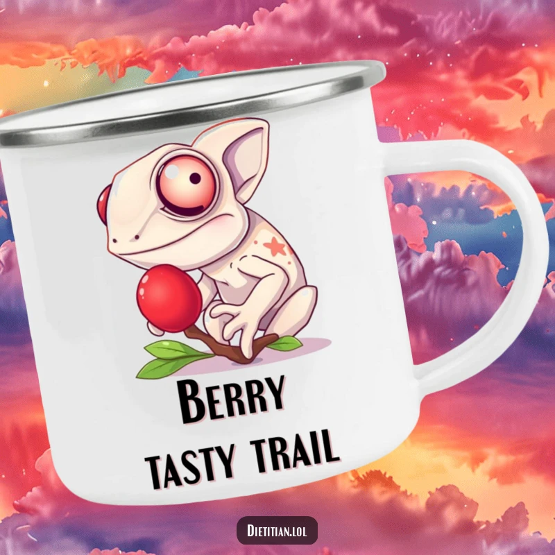 Funny chameleon camping mug showing a giggling chameleon enjoying a bright red berry, designed for colorful outdoor enjoyment.