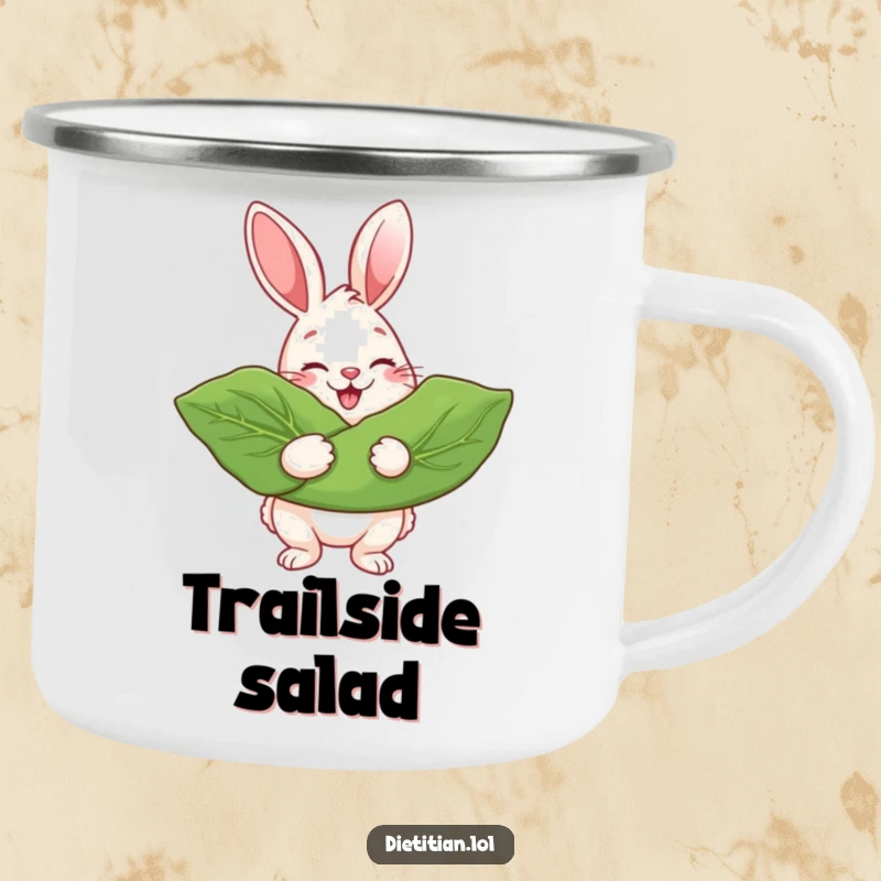 Funny Camping Mug showing a beaming rabbit holding a giant leafy green, great for outdoor eaters.