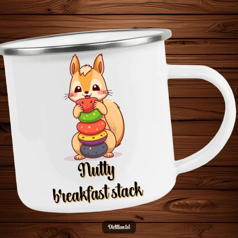 Funny squirrel camping mug with a playful design of a squirrel balancing fruits, built for outdoor fun and laughter.