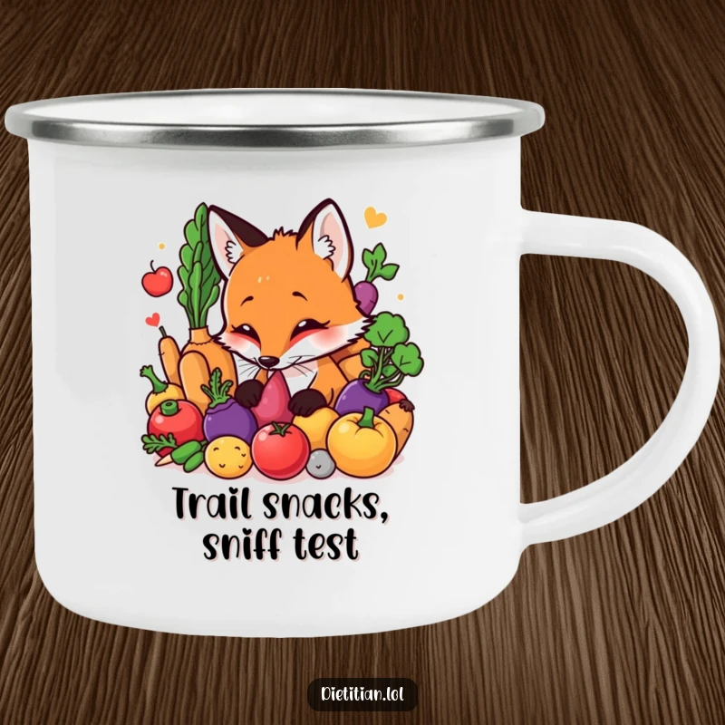 Funny Fox Camping Mug: A curious fox sniffing colorful vegetables, perfect for outdoor enthusiasts seeking a humorous and durable mug. A wonderful funny gift.