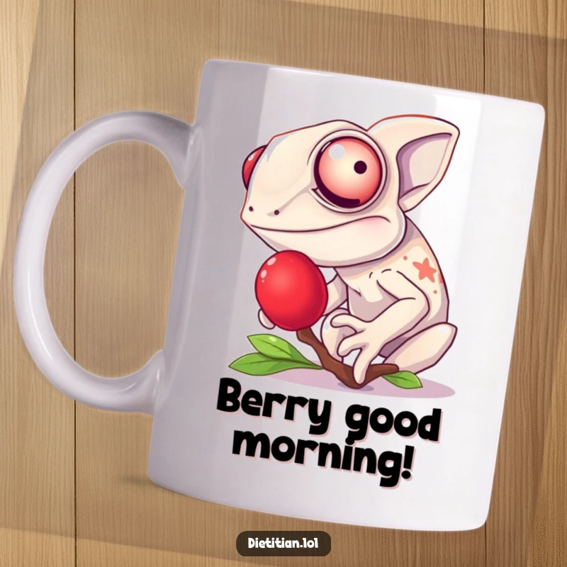 Funny chameleon mug with a giggling expression, tasting a single, bright red berry, full of playful mischief.