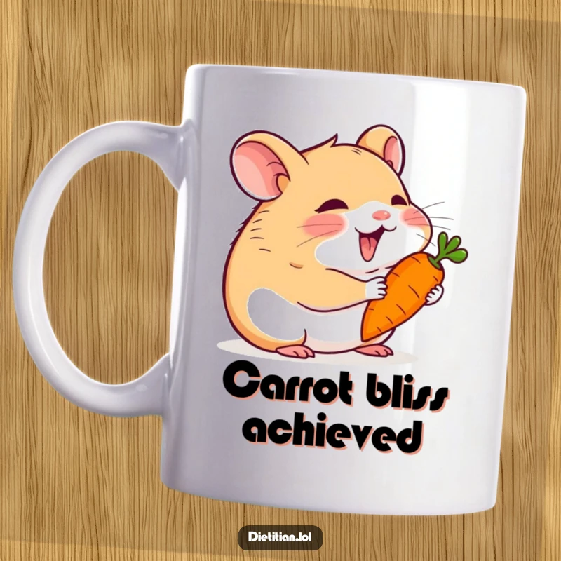 Funny hamster mug with a happy expression, delightedly nibbling on a tiny carrot, perfect for small joys.