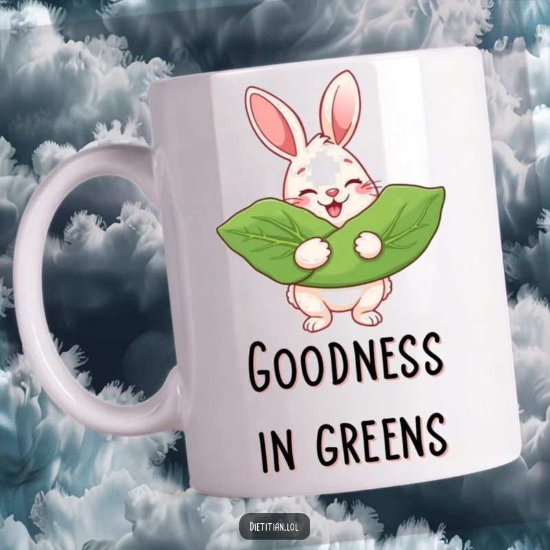 Funny Mug featuring a cheerful rabbit beaming while holding a giant leafy green vegetable, looking delighted.
