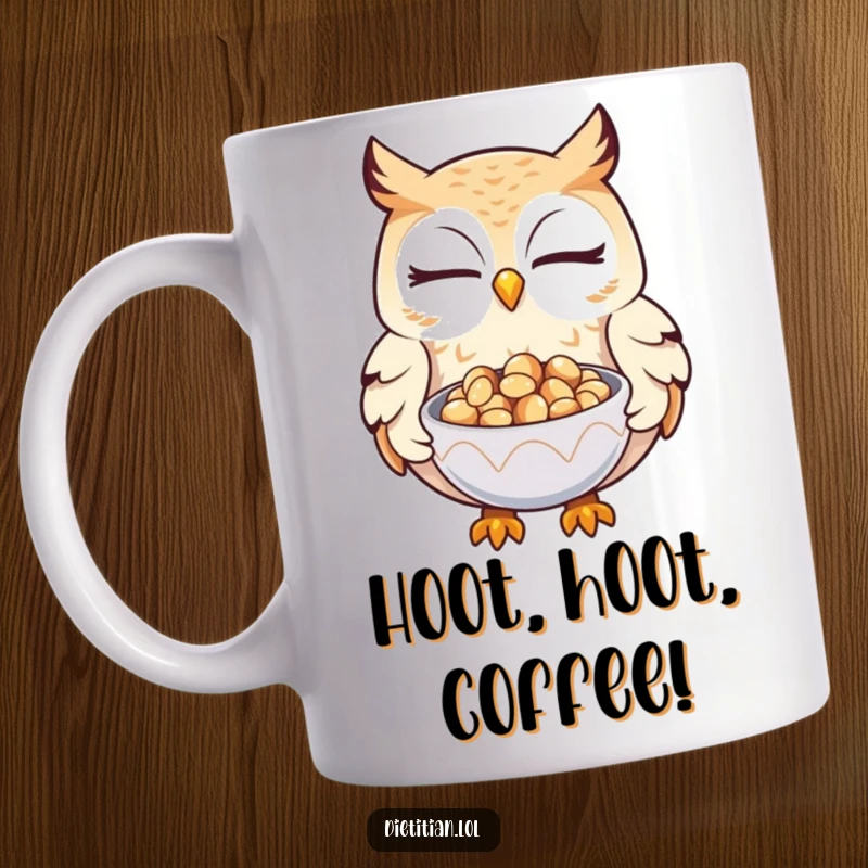 Funny owl mug with a knowing wink, offering a small bowl of glistening seeds, symbolizing wisdom and generosity.