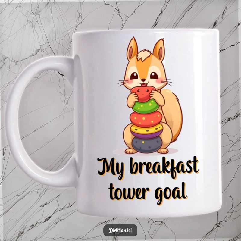 Funny squirrel mug with a playful expression balancing a tall stack of colorful fruits, perfect for nut lovers.