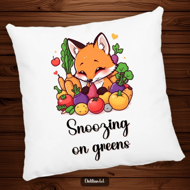 Funny Fox Pillow: Soft and comfy pillow showcasing a curious fox sniffing colorful, fresh vegetables, bringing hilarious charm to any room. A great funny gift.