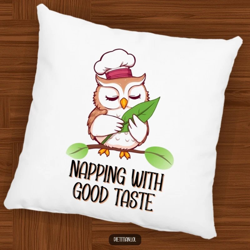 Funny pillow with a wise owl wearing a chef hat, examining a vibrant leaf, comfort and gourmet.
