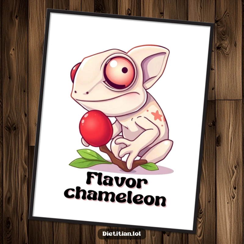 Funny chameleon digital art print of a giggling chameleon tasting a bright red berry, perfect for instant, colorful wall decor.