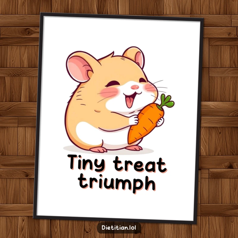 Funny hamster digital art print of a happy hamster delightedly eating a tiny carrot, perfect for instant, joyful wall decor.