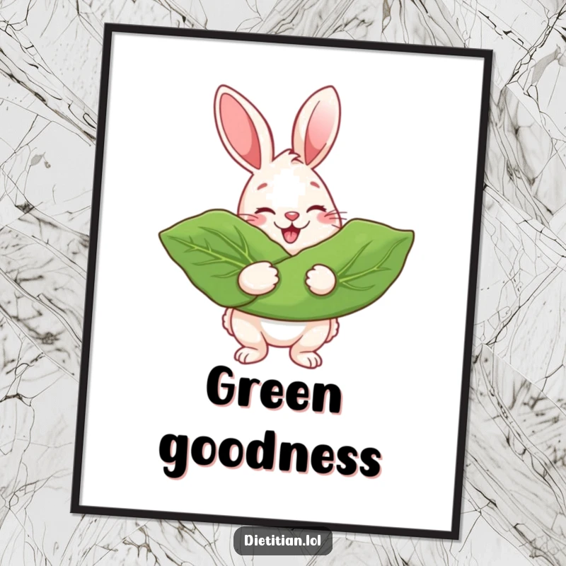 Funny Digital Art Print of a cheerful rabbit beaming while holding a giant leafy green, promoting healthy eating.