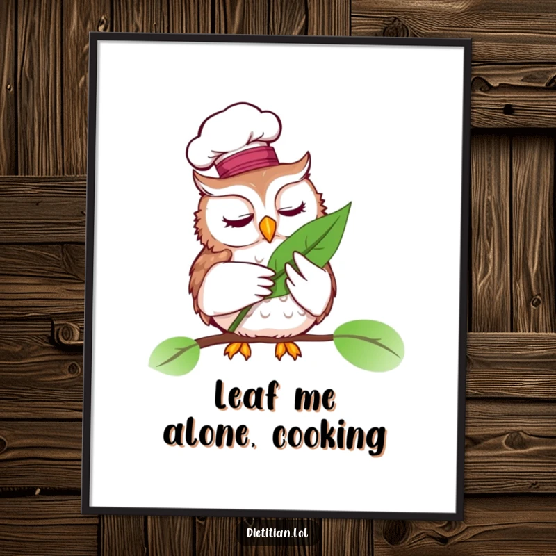 Funny digital art print of a wise owl wearing a chef hat, examining a vibrant leaf.