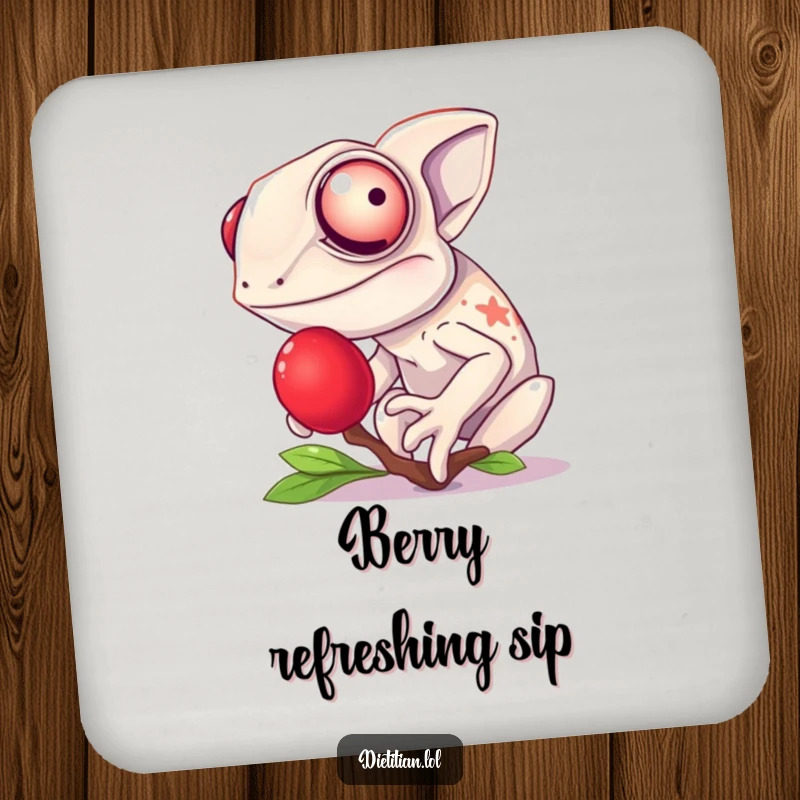 Funny chameleon coasters featuring a giggling chameleon tasting a bright red berry, protecting furniture with vibrant humor.