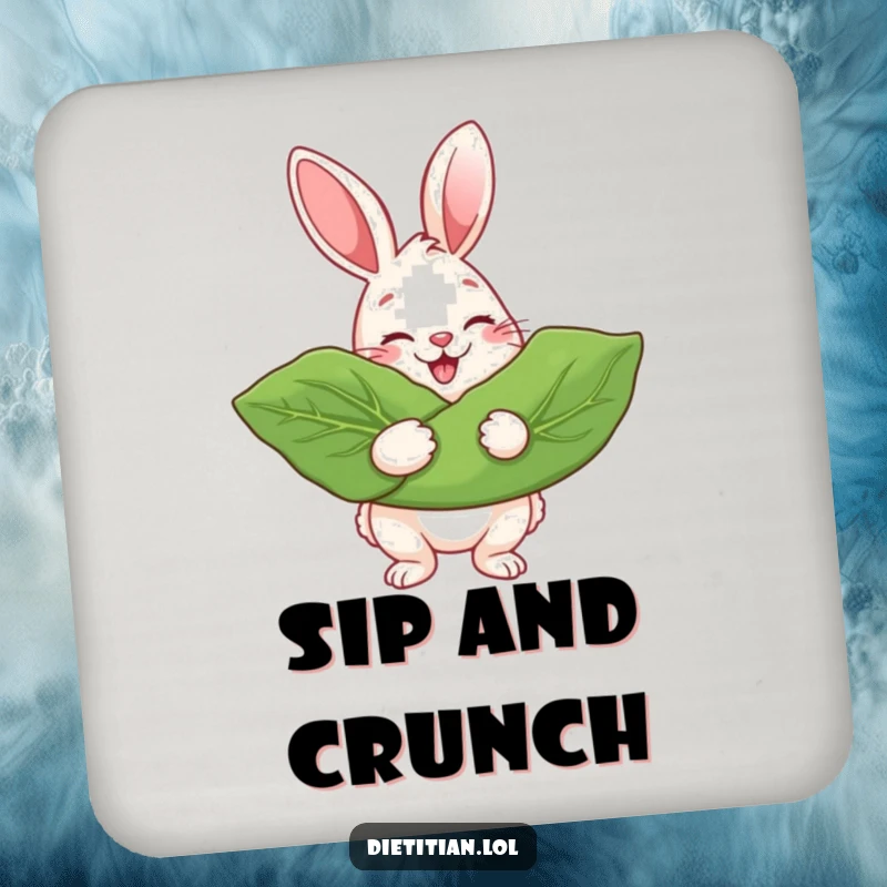 Funny Coaster with a beaming rabbit holding a giant leafy green, adding healthy, whimsical protection.