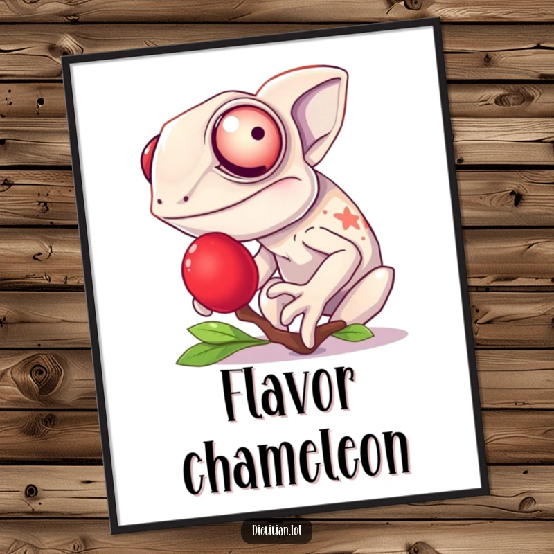 Funny chameleon poster featuring a giggling chameleon enjoying a bright red berry, bringing colorful humor to wall decor.