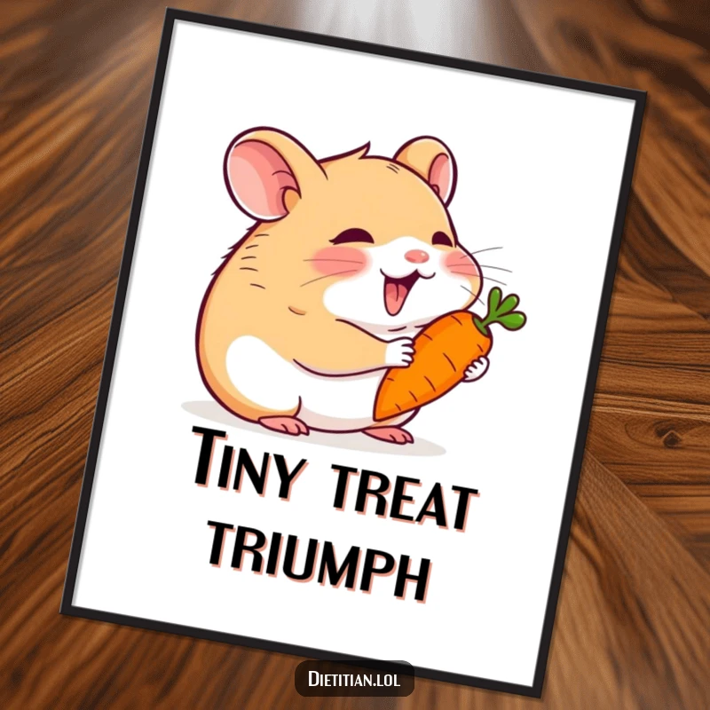 Funny hamster poster showing a happy hamster delightedly eating a tiny carrot, bringing joy and humor to wall decor.