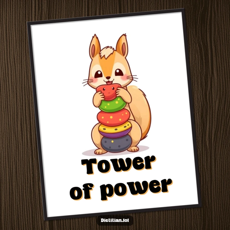 Funny squirrel poster featuring a playful character stacked high with colorful fruits, adding humorous charm to any wall.