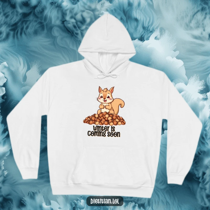 Funny hoodie with a cheerful squirrel zealously measuring out a pile of acorns, ideal funny gift.