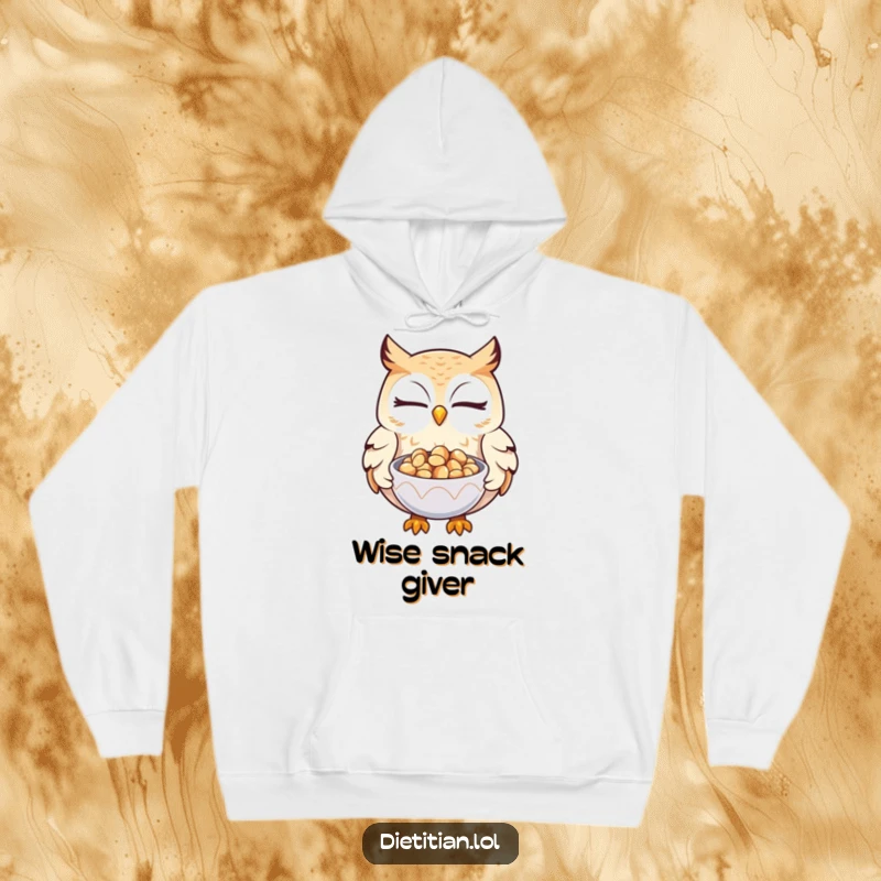 Funny owl hoodie showcasing a winking owl offering seeds, designed for cozy nights and humorous wisdom.