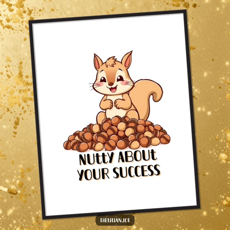Funny Free Printable Wall Art: A determined squirrel zealously measures a pile of acorns, creating a humorous and charming scene.