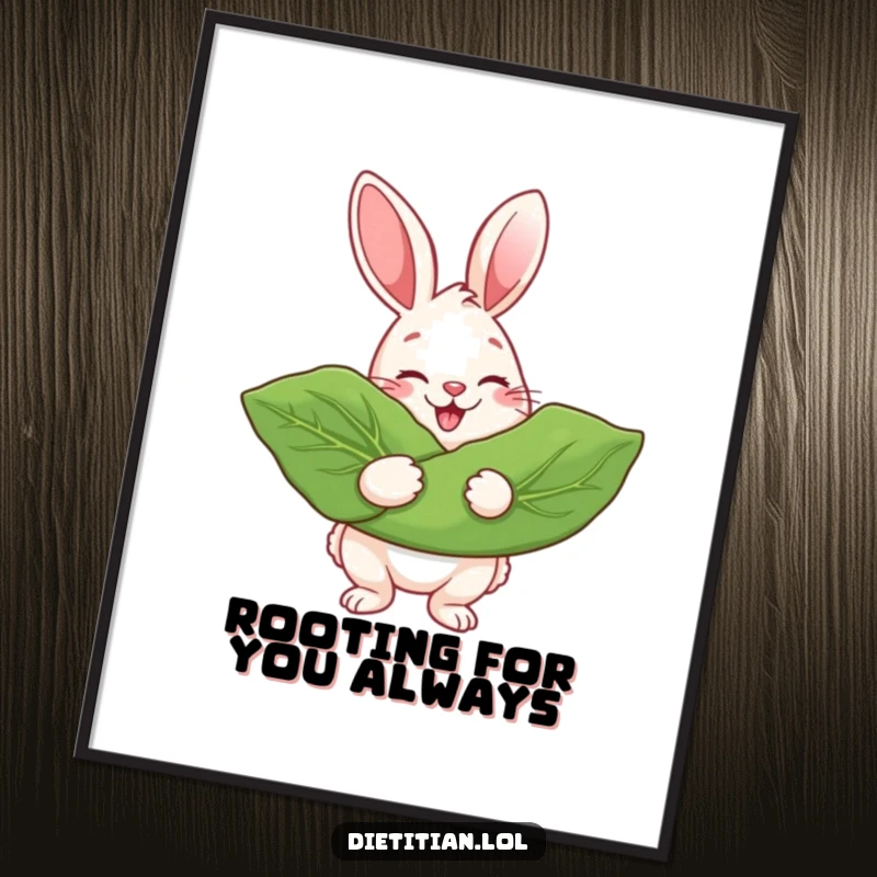 Funny Free Printable Wall Art: A cheerful rabbit beaming brightly while holding an oversized, vibrant leafy green vegetable.