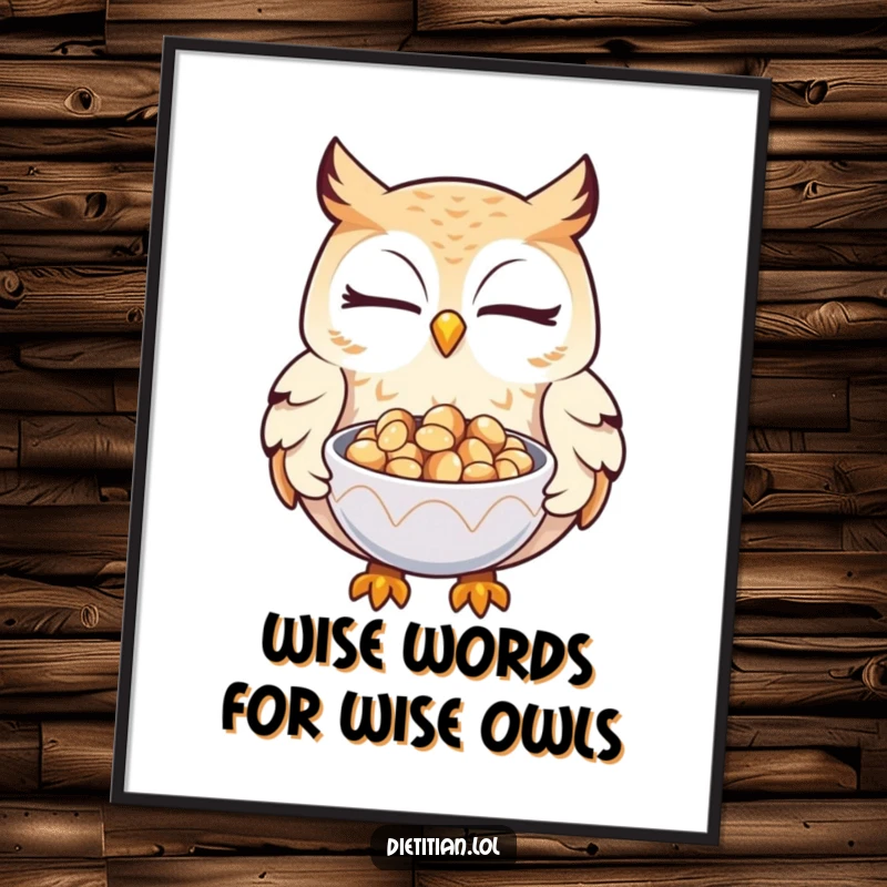 Funny Free Printable Wall Art: A wise owl with a knowing wink offers a small bowl brimming with glistening seeds.