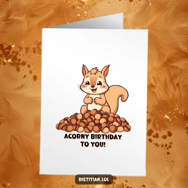 Funny Free Printable Birthday Card: A squirrel meticulously measures acorns, wishing you a birthday full of abundance.