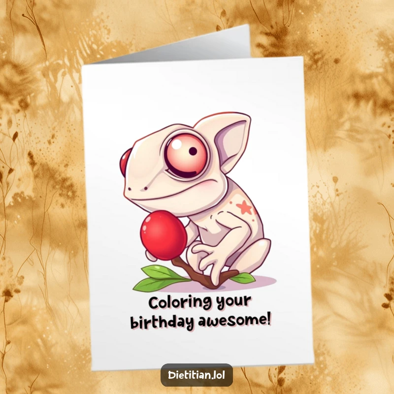 Funny Free Printable Birthday Card: A chameleon with a wide giggle tasting a single, vibrant red berry.