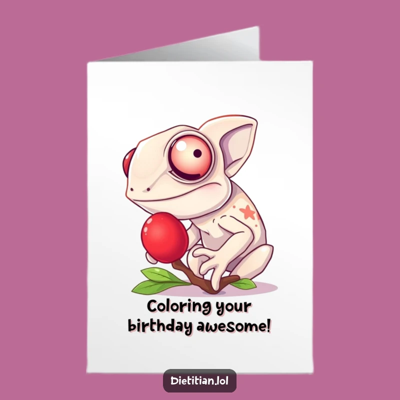 Free Printable Birthday Card: Giggling Chameleon Berry Treat, Funny Downloadable Gift for Party Fun