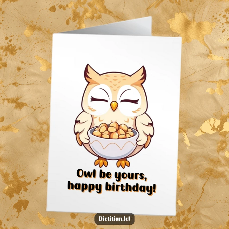 Funny Free Printable Birthday Card: A charming owl winking mischievously while offering a bowl of glistening seeds.