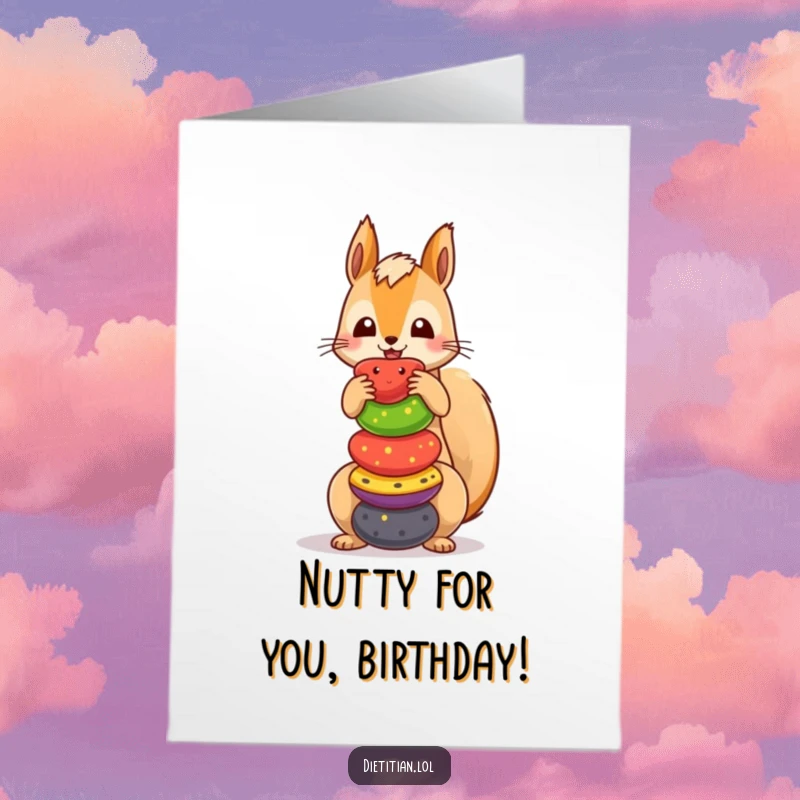 Funny Free Printable Birthday Card: Playful squirrel comically balancing a tall stack of vibrant fruits, ready to drop.