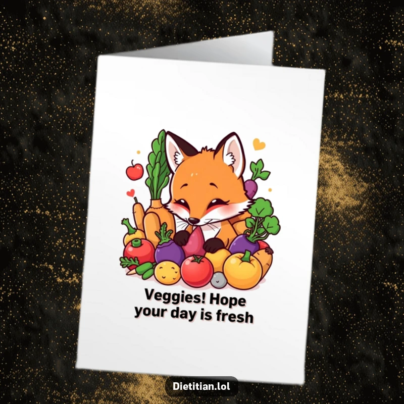 Funny Free Printable birthday card featuring a curious fox with big eyes sniffing colorful, fresh vegetables with delight.