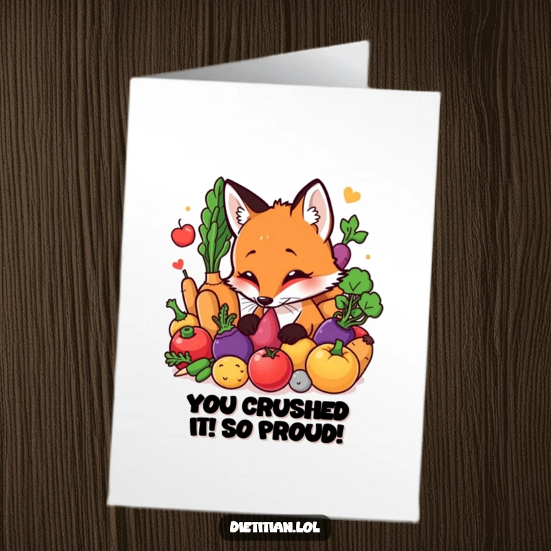 Funny Free Printable congratulations card showing a curious fox investigating a pile of fresh, colorful vegetables.