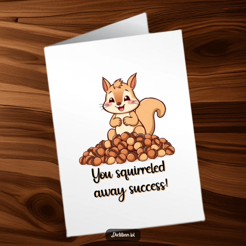 Funny Free Printable Congratulations Card: A zealous squirrel measuring acorns celebrates your plentiful success with joy.