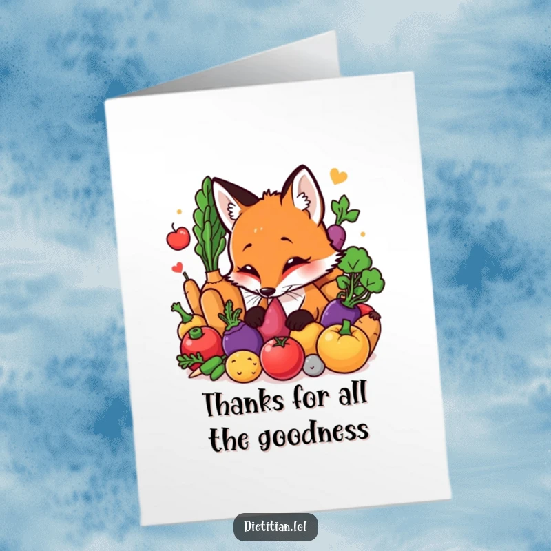 Funny Free Printable thank you card with a curious fox intently sniffing a variety of vibrant, healthy vegetables.