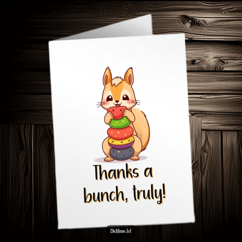 Funny Free Printable Thank You Card: A playful squirrel struggling to balance a wobbly stack of colorful fruits.
