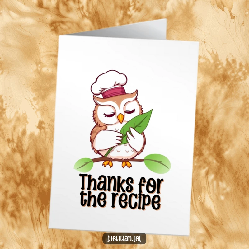 Funny Free Printable Thank You Card: A wise owl chef in a hat examines a leaf, offering thanks with sophisticated taste.