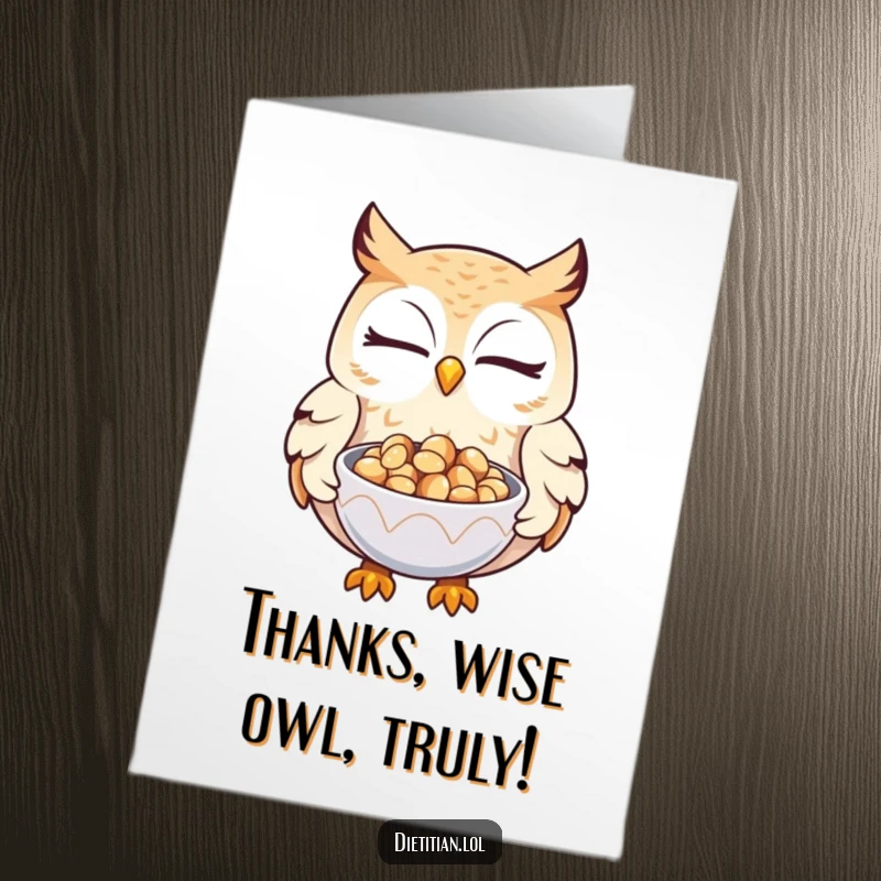 Funny Free Printable Thank You Card: A winking owl holds out a small bowl overflowing with glistening seeds.