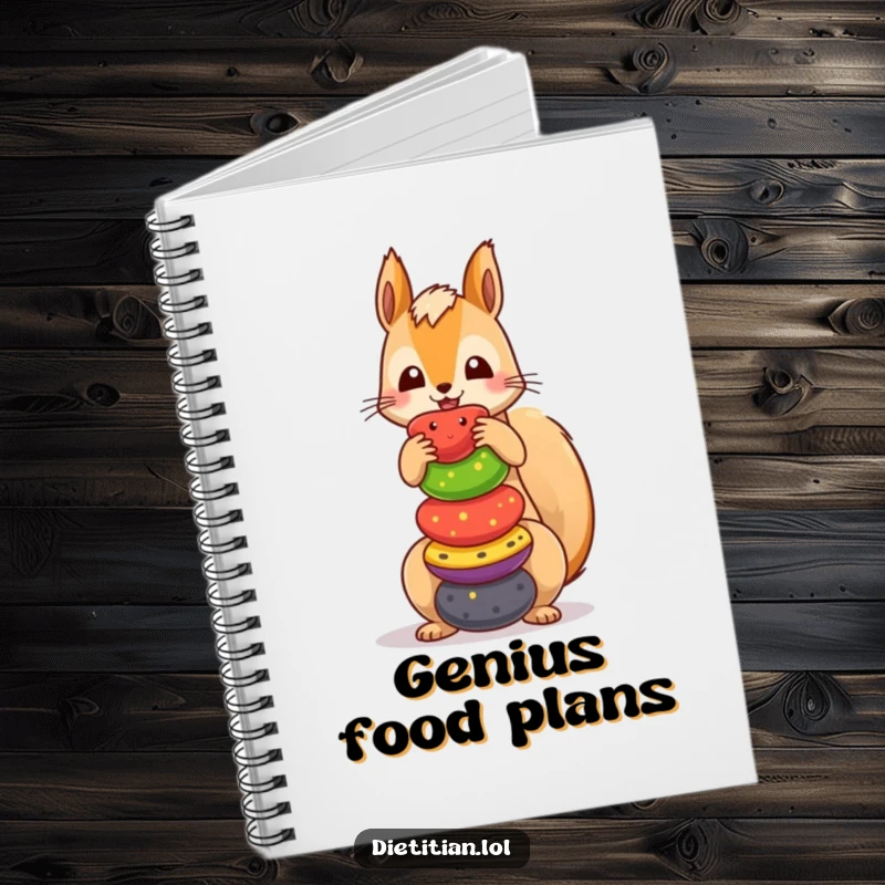 Funny squirrel notebook featuring a playful creature balancing a stack of colorful fruits, perfect for note-taking and journaling.
