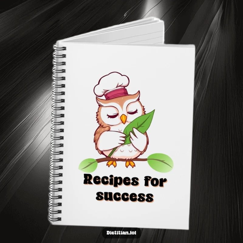 Funny notebook with a wise owl wearing a chef hat, examining a vibrant leaf, for recipes.