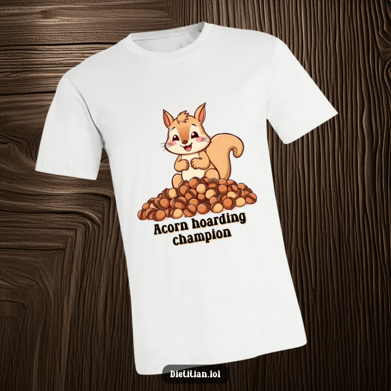 Funny t-shirt featuring a cheerful squirrel zealously measuring out a pile of acorns, great funny gift.