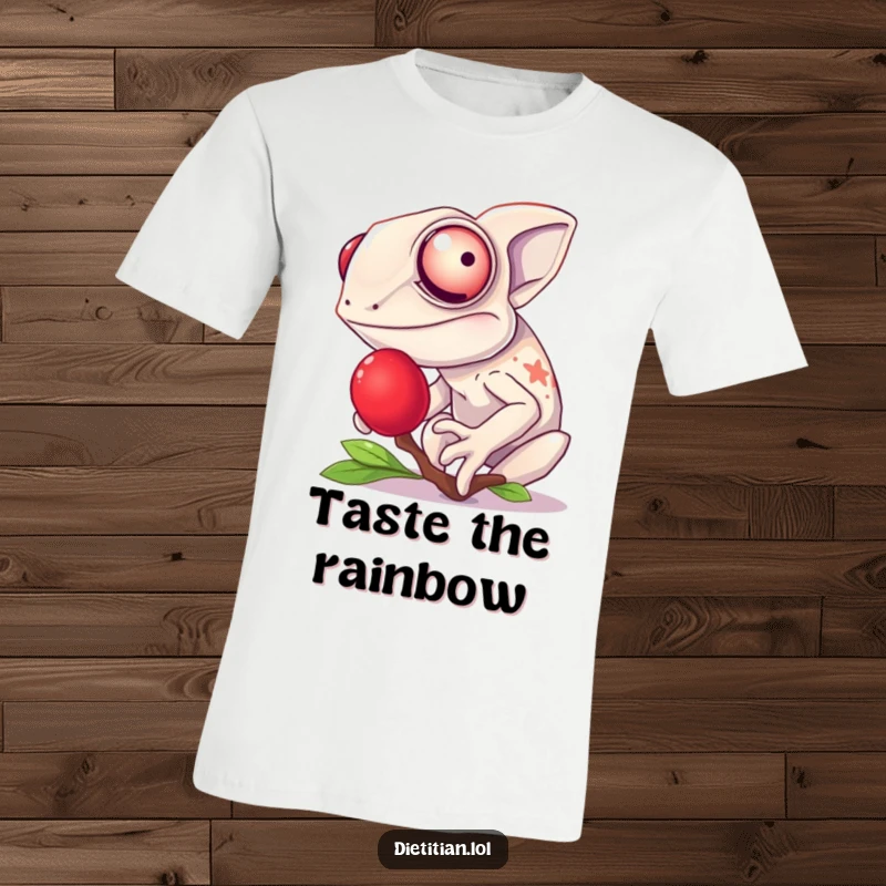 Funny chameleon t-shirt featuring a laughing chameleon savoring a bright red berry, showcasing vibrant humor and color.