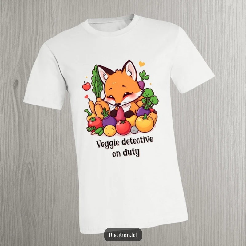 Funny Fox T-Shirt: A curious fox enthusiastically sniffing colorful, fresh vegetables, capturing a moment of pure, humorous discovery. Ideal funny gift.