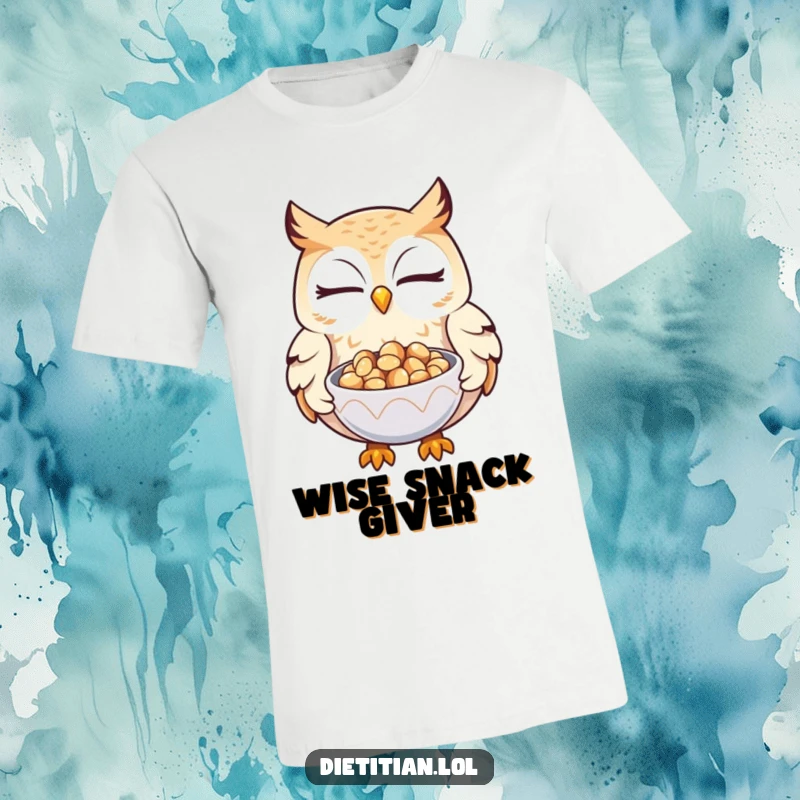 Funny owl t-shirt showing a winking owl presenting a bowl of glistening seeds, embodying generosity and humor.