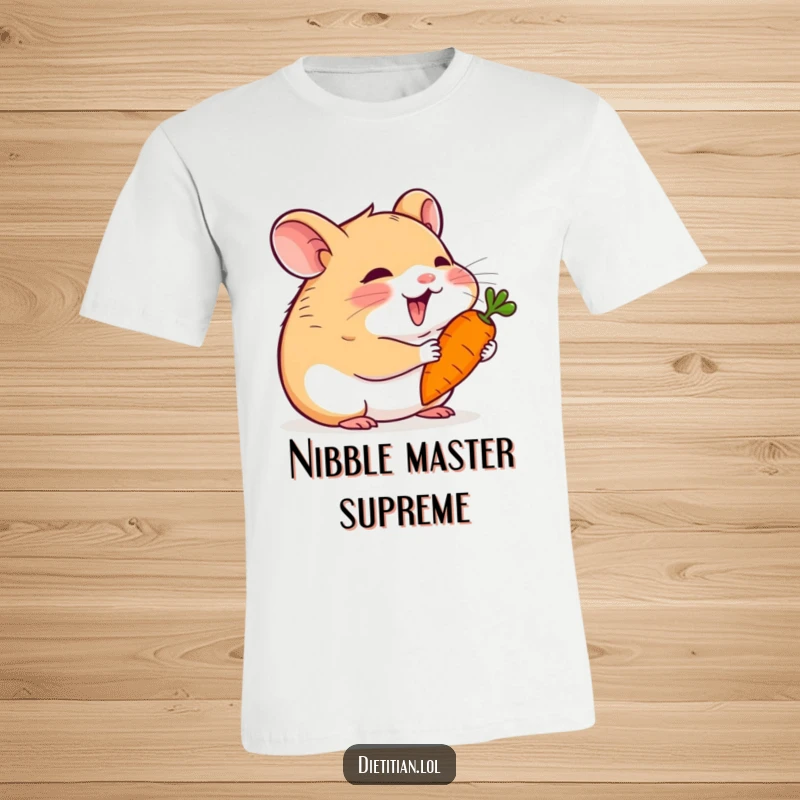 Funny hamster t-shirt featuring a joyful character happily munching on a tiny carrot, embodying pure delight.