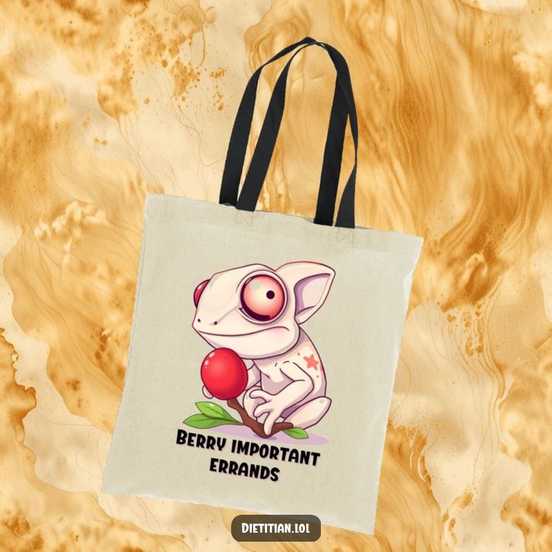 Funny chameleon tote bag with a giggling design of a chameleon tasting a bright red berry, perfect for cheerful carrying.