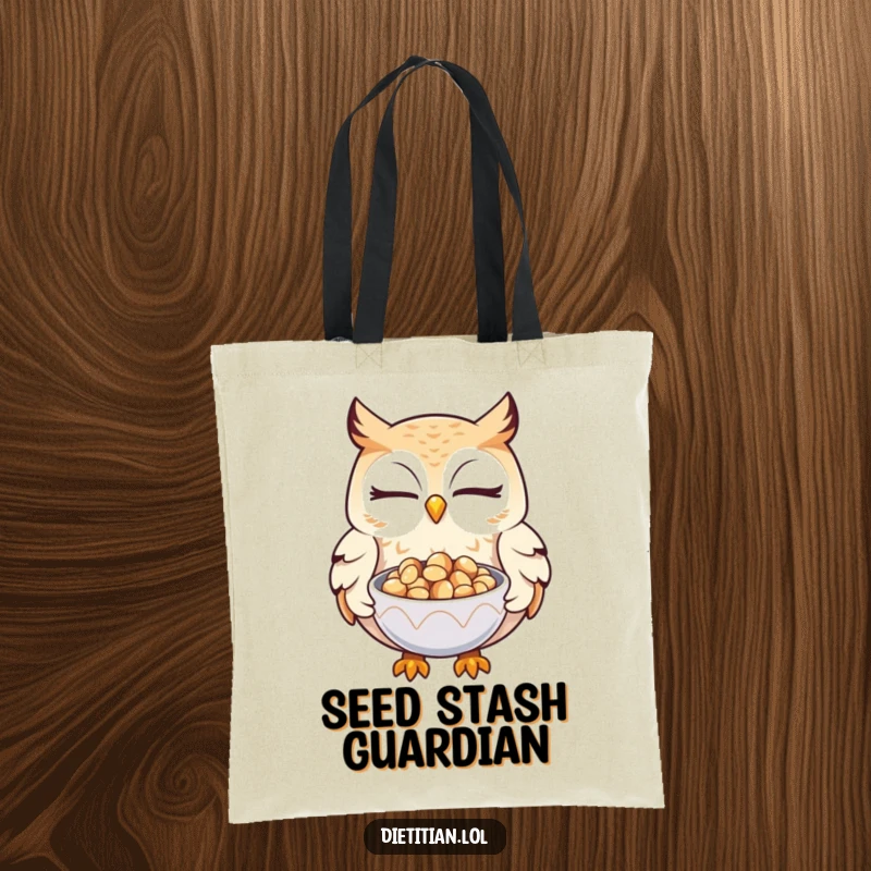 Funny owl tote bag with a winking design of an owl offering seeds, perfect for carrying essentials with wit.